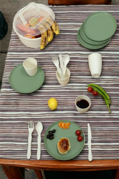 İronika 6 Kişilik 32 Parça Piknik Seti Plastik Çatal Bardak Kaşık Bıçak Yemek Kahvaltı Takımı-Yeşil Tabak Krem Bardak
