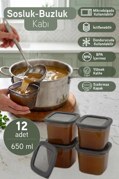 12\'li Sızdırmaz Kapaklı 650 ml Sosluk Buzluk Kabı Et Tavuk Suyu Ezme Kışlık Hazırlık Kabı Antrasit