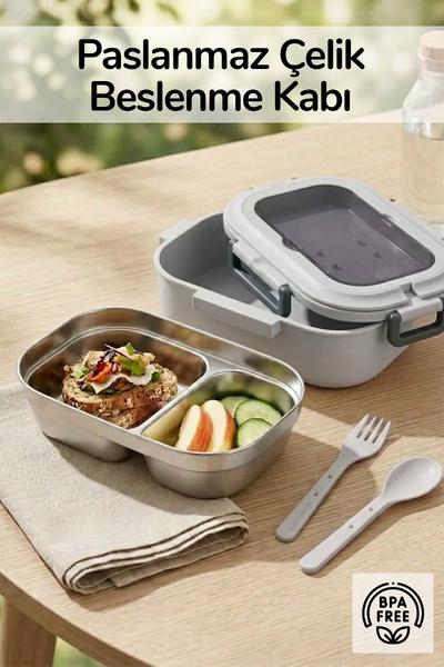 2 Bölmeli Kaşık Çatallı Paslanmaz Çelik Yemek Kabı Lunch Box Sefer Tası Beslenme Kabı Gri