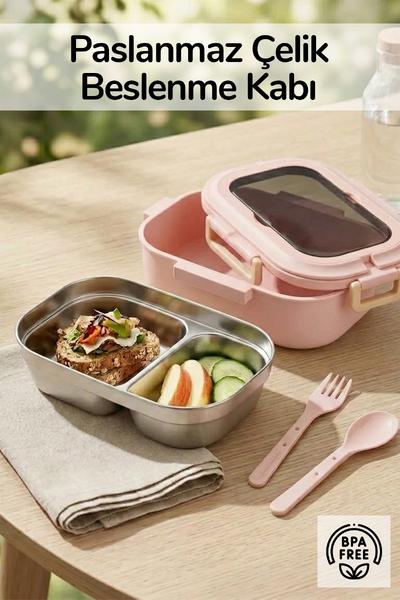 2 Bölmeli Kaşık Çatallı Paslanmaz Çelik Yemek Kabı Lunch Box Sefer Tası Beslenme Kabı Pembe