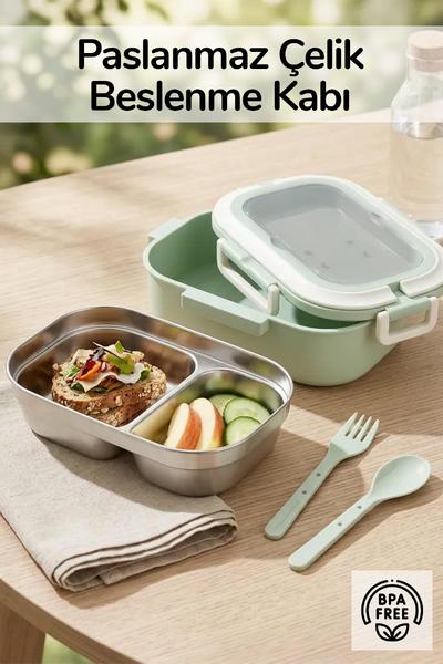 2 Bölmeli Kaşık Çatallı Paslanmaz Çelik Yemek Kabı Lunch Box Sefer Tası Beslenme Kabı Yeşil