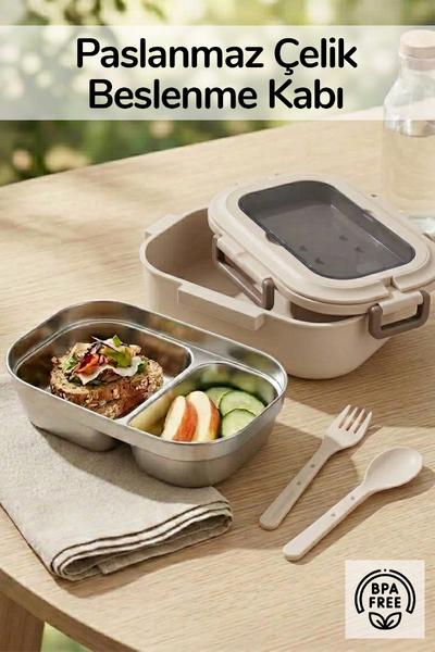 2 Bölmeli Kaşık Çatallı Paslanmaz Çelik Yemek Kabı Lunch Box Sefer Tası Beslenme Kabı Latte