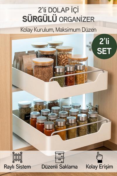 2li Kendinden Bantlı Sürgülü Raylı Çok Amaçlı Dolap İçi Organizer Banyo Mutfak Düzenleyici 26x34 cm