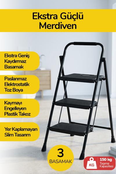 İronika 3 Basamaklı Katlanır Metal Merdiven Sağlam Gövde Dekoratif Geniş Basamaklı Ev & İş Merdiveni
