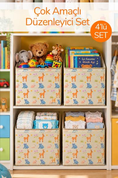 4lü Animals Kapaksız Kutu Oyuncak Çamaşır Saklama Kutusu Dolap İçi Organizer Düzenleyici 30X30X30
