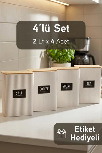 4lü Etiket Hediyeli Bambu Kapaklı Çay Kahve Şeker Tuz Saklama Kabı Erzak Gıda Bakliyat Saklama Kabı