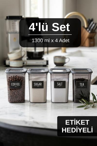 4lü Etiket Hediyeli Silikon Kapaklı 1300 ml Çay Kahve Şeker Tuz Saklama Kabı Erzak Gıda Saklama Kabı
