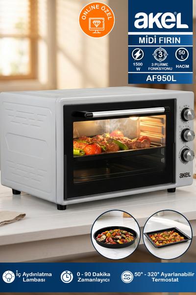 AF950L 50 lt Gri Midi Fırın, İç aydınlatmalı, Zaman Ayarlı, Izgara ve Fırın, 2 Tepsi 1 Tel Izgara