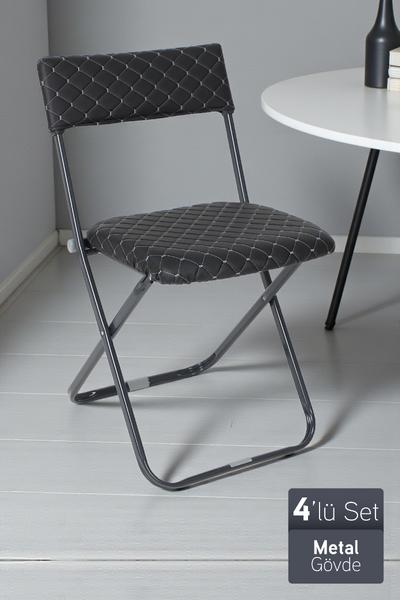 İronika Anatolia Metal Gövdeli Deri Kapitone Sandalye Katlanır Mutfak Bahçe Sandalyesi 4 Adet Siyah