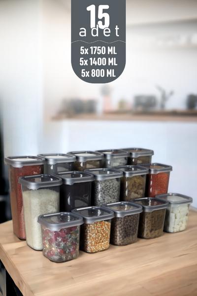 İronika Kapaklı Erzak Bakliyat Saklama Kabı Kare Saklama Kutusu Seti 15 Adet 1750-1400-800 ML