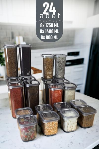 İronika Kapaklı Erzak Bakliyat Saklama Kabı Kare Saklama Kutusu Seti 24 Adet 1750-1400-800 ML