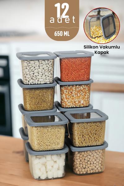 İronika Kapaklı Erzak Bakliyat Saklama Kabı Kare Saklama Kutusu Seti 12 Adet 650 ML