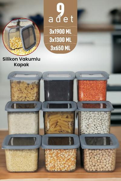 İronika Kapaklı Erzak Bakliyat Saklama Kabı Kare Saklama Kutusu Seti 9 Adet 1900-1300-650 ML