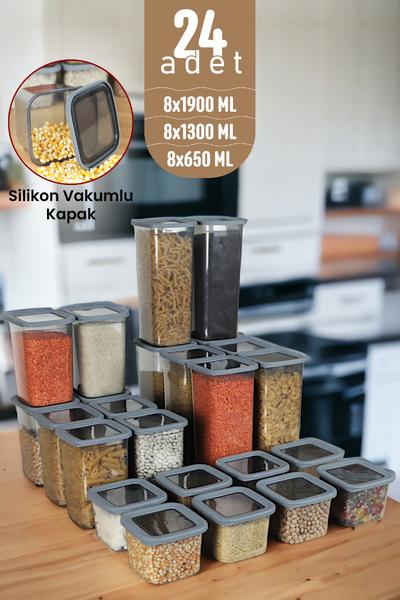İronika Kapaklı Erzak Bakliyat Saklama Kabı Kare Saklama Kutusu Seti 24 Adet 1900-1300-650 ML