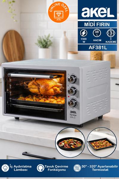 Lambalı, Termostatlı, Tavuk Çevirmeli, Çift Tepsili 38 Litre Midi Fırın Af381l