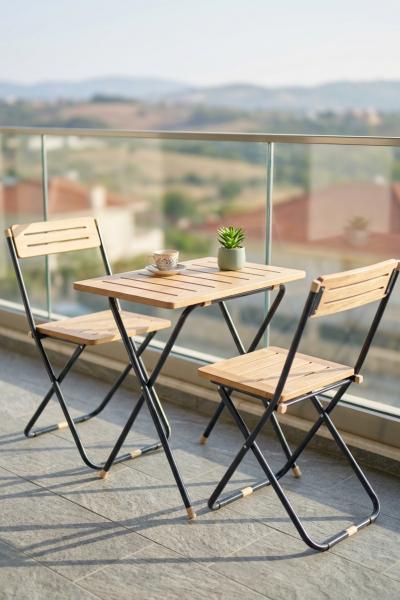 Payitaht Ahşap Bahçe Balkon Mutfak 3'lü Bistro Masa Seti Katlanır Masa Sandalye Takımı Açık Kahve