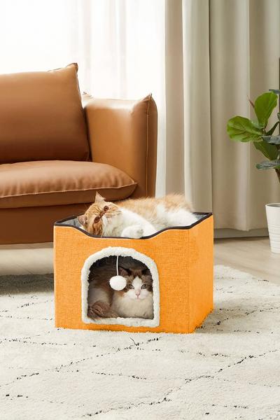 İronika 2 Katlı Teraslı Katlanabilir Ponpon Oyuncaklı Kedi Evi Yatağı Turuncu