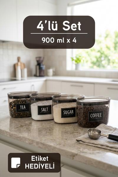 Etiket Hediyeli Vakum Kapaklı Çay Kahve Şeker Tuz Saklama Kabı Çok Amaçlı Saklama Kabı 900 ml 4 Adet