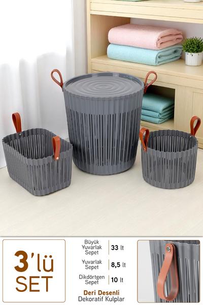 Flex 3lü Banyo Seti Deri Desenli Kulplu Lüx Banyo Mutfak Organizeri Çamaşır Sepeti Düzenleyici Antrasit