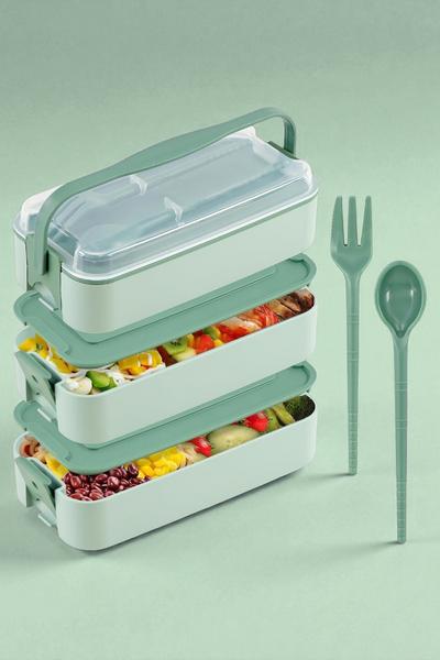 Gondol 1260 ml 3 Katlı Kapaklı Çatal Bıçaklı Beslenme Kutusu Lunch Box Beslenme Kabı - Yeşil