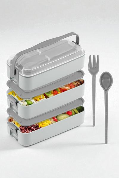 Gondol 1260 ml 3 Katlı Kapaklı Çatal Bıçaklı Beslenme Kutusu Lunch Box Beslenme Kabı - Gri