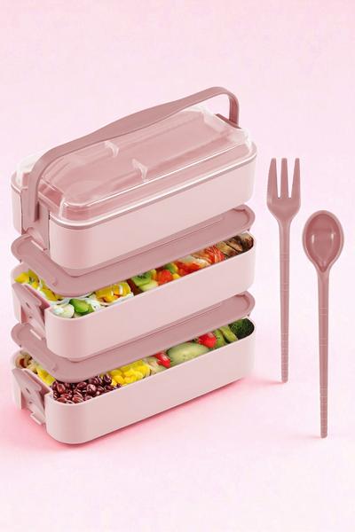 Gondol 1260 ml 3 Katlı Kapaklı Çatal Bıçaklı Beslenme Kutusu Lunch Box Beslenme Kabı - Pembe