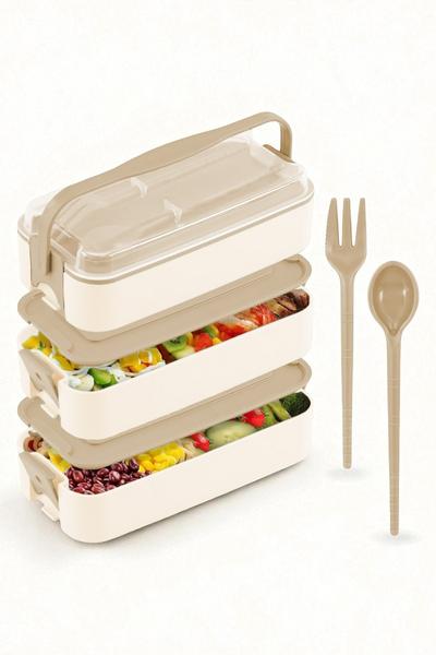 Gondol 1260 ml 3 Katlı Kapaklı Çatal Bıçaklı Beslenme Kutusu Lunch Box Beslenme Kabı - Kahve
