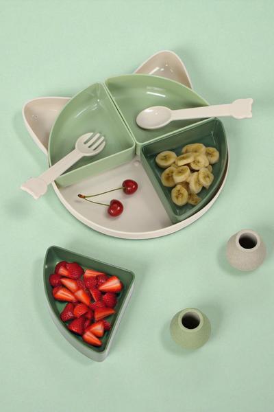 Gondol Kitty 7 Parça Kedicik Model Çocuk Bebek Çatal Kaşık Tabak Yemek Beslenme Seti Mama Tabağı - Yeşil