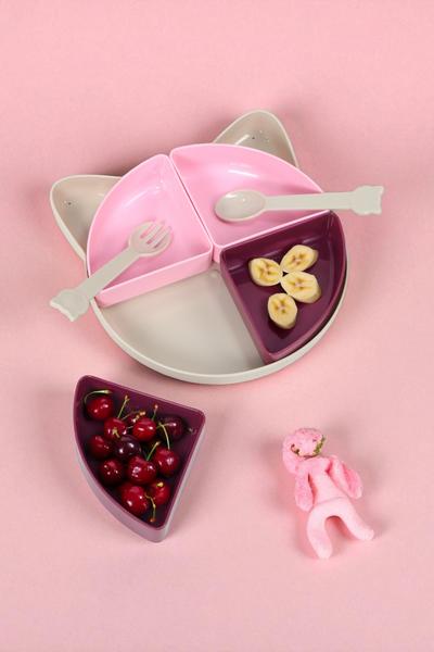 Gondol Kitty 7 Parça Kedicik Model Çocuk Bebek Çatal Kaşık Tabak Yemek Beslenme Seti Mama Tabağı - Pudra