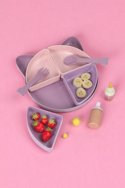 Gondol Kitty 7 Parça Kedicik Model Çocuk Bebek Çatal Kaşık Tabak Yemek Beslenme Seti Mama Tabağı - Kahve
