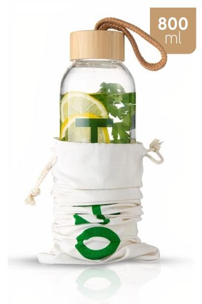 H2O Borosilikat Cam Matara Bambu Vakum Kapaklı Su Şişesi Suluk 800 ML