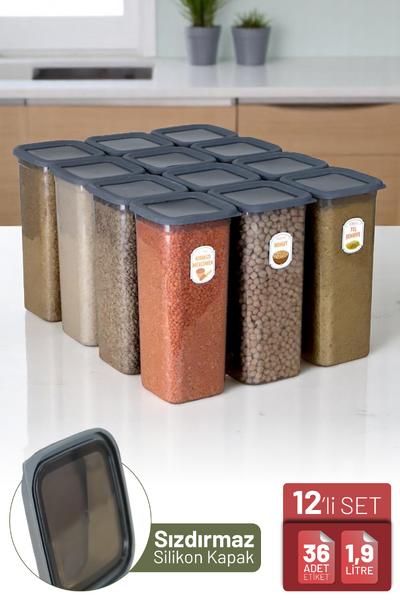 İronika 12\'li Sızdırmaz Silikon Kapaklı Etiketli Jumbo Boy 1900 ml Kare Erzak Bakliyat Saklama Kabı Antrasit