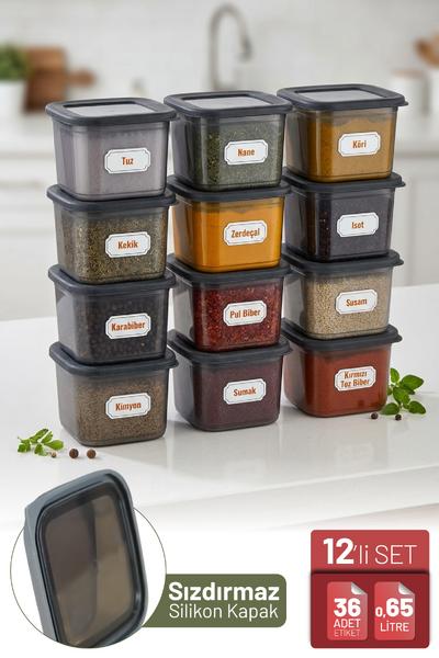 İronika 12lİ Silikon Kapaklı Etiket Hediyeli 650 ml Erzak Baharat Saklama Kabı Seti Antrasit