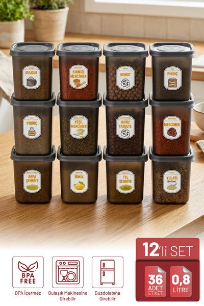 İronika 12li Etiket Hediyeli 800 ml Erzak Baharat Saklama Kabı Seti Antrasit