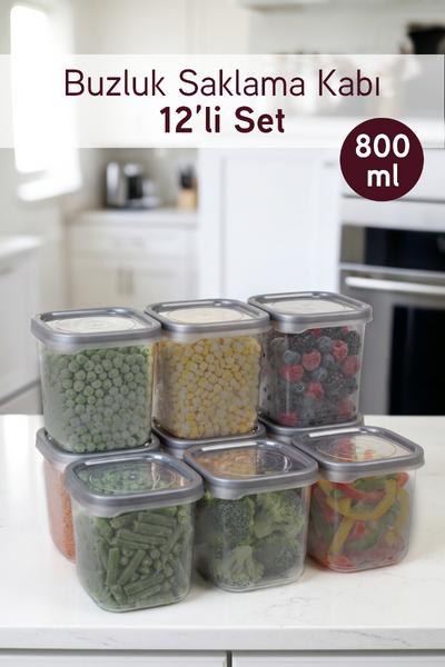 İronika 12\'li 800 ml Buzluk Kabı Derin Dondurucu Difriz Saklama Kabı Seti Antrasit