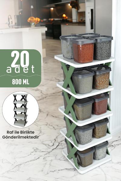 İronika 20'li Orijinal Raflı Kapaklı Erzak Bakliyat Baharat Saklama Kabı Kutusu Seti 20x800ML Yeşil