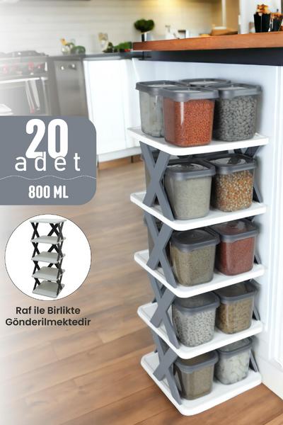 İronika 20\'li Orijinal Raflı Kapaklı Erzak Bakliyat Baharat Saklama Kabı Kutusu Seti 20x800ML Antrasit