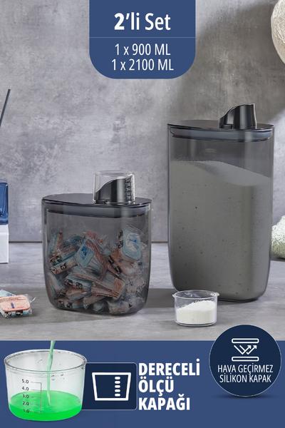İronika 2 Adet Silikon Kapaklı Ölçülü Toz ve Sıvı Deterjan Saklama Kabı Kutusu 900-2100 Ml