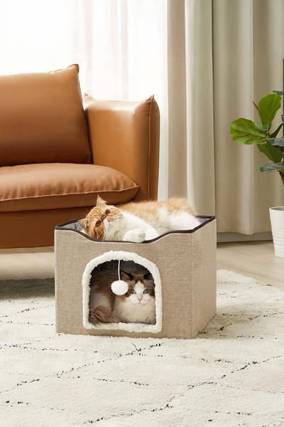 İronika 2 Katlı Teraslı Katlanabilir Ponpon Oyuncaklı Kedi Evi Yatağı Latte