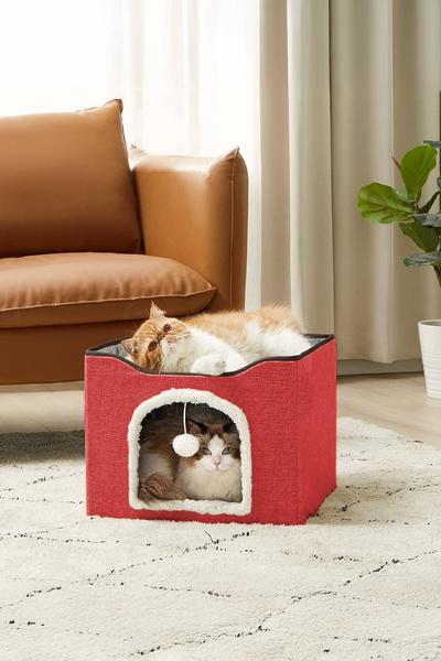İronika 2 Katlı Teraslı Katlanabilir Ponpon Oyuncaklı Kedi Evi Yatağı Kırmızı