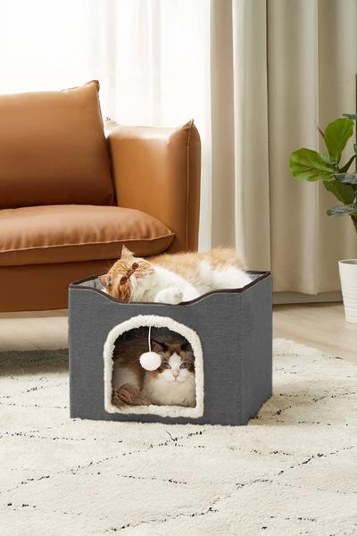 İronika 2 Katlı Teraslı Katlanabilir Ponpon Oyuncaklı Kedi Evi Yatağı Gri