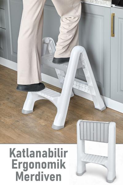 İronika 2 Basamaklı Merdiven Plastik Hafif Mutfak Tezgah Perde Merdiveni - Beyaz