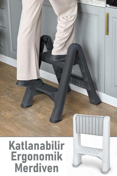 İronika 2 Basamaklı Merdiven Plastik Hafif Mutfak Tezgah Perde Merdiveni - Antrasit