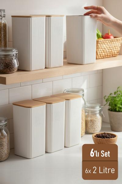 İronika 2 Litre Bambu Kapaklı Erzak Gıda Bakliyat Saklama Kabı Mutfak Organizeri 6 Adet