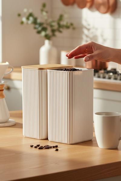 İronika 2 Litre Bambu Kapaklı Erzak Gıda Bakliyat Saklama Kabı Mutfak Organizeri 2 Adet