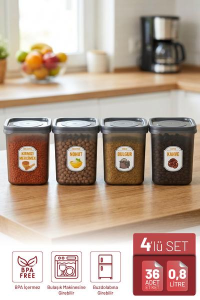 İronika 4lü Etiket Hediyeli 800 ml Erzak Baharat Saklama Kabı Seti Antrasit