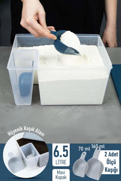 İronika Ölçü Kaşıklı Un Şeker Deterjan Saklama İstifleme Kabı Ölçülü Saklama Kutusu 6.5 Litre Mavi