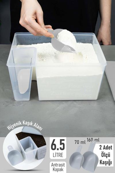 İronika Ölçü Kaşıklı Un Şeker Deterjan Saklama İstifleme Kabı Ölçülü Saklama Kutusu 6.5 Litre Antrasit
