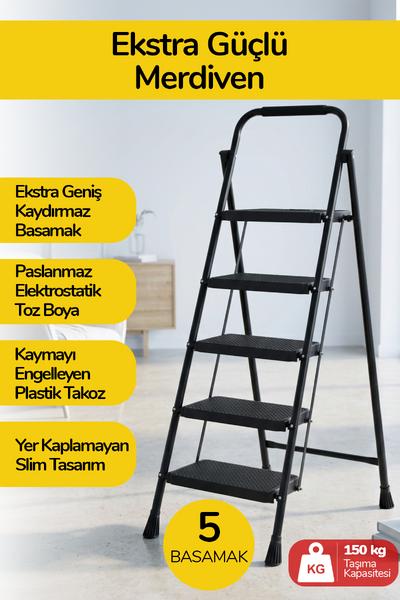 İronika 5 Basamaklı Katlanır Metal Merdiven Sağlam Gövde Dekoratif Geniş Basamaklı Ev & İş Merdiveni