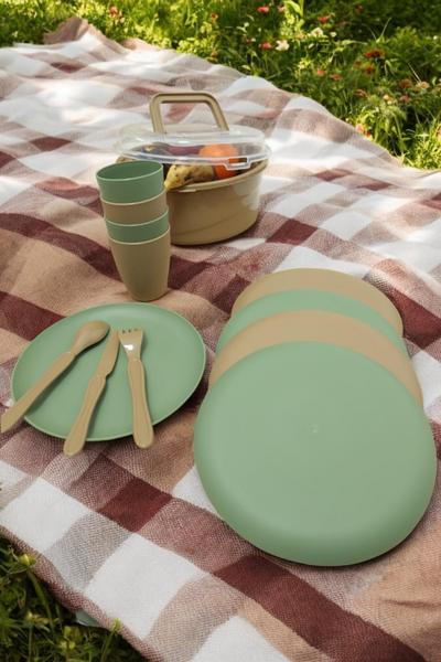 İronika 6 Kişilik 32 Parça Piknik Seti Plastik Çatal Bardak Kaşık Bıçak Yemek Kahvaltı Takımı Yeşil - Kahve